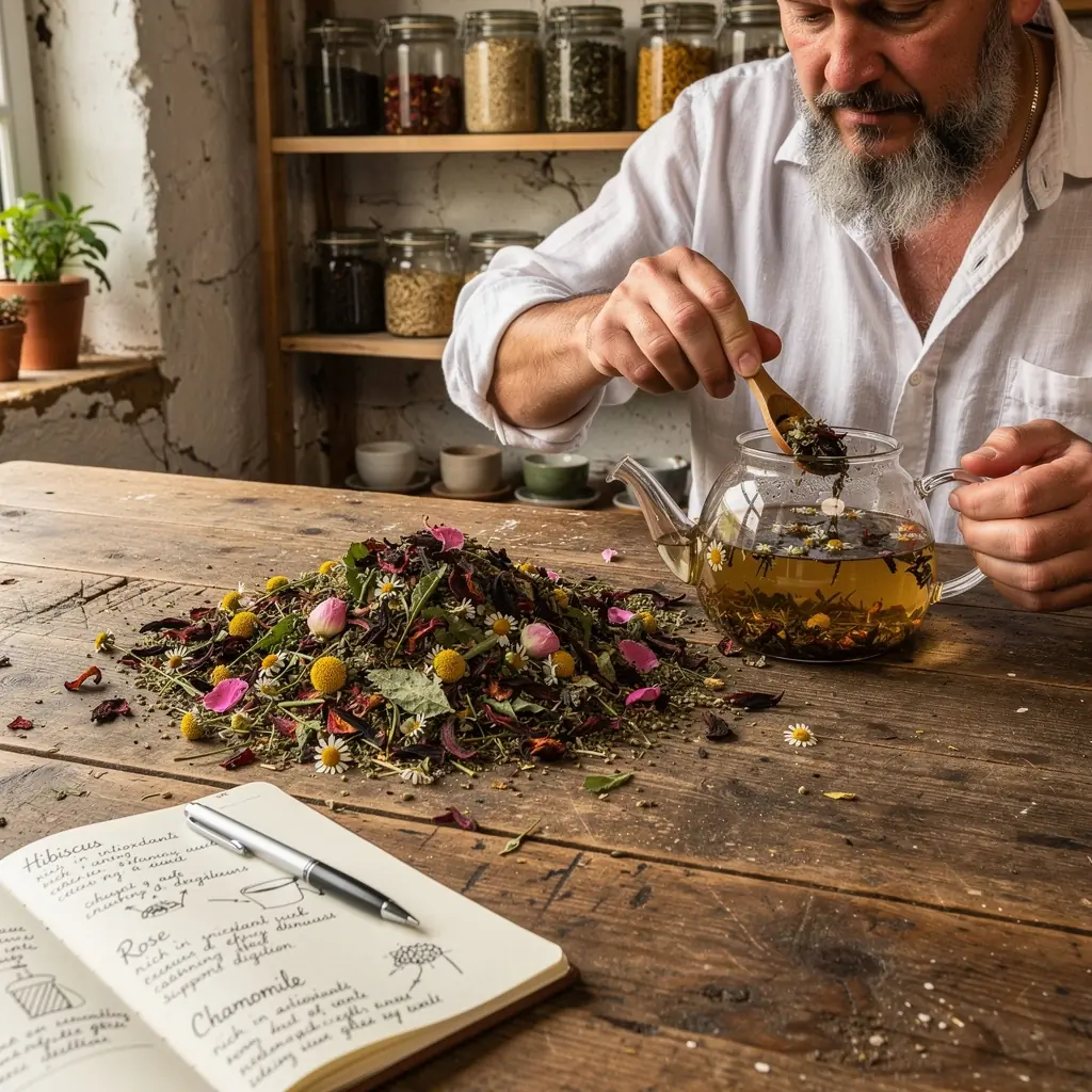 Gyógyteák különböző fajtái, szépen elrendezve egy fa asztalon.